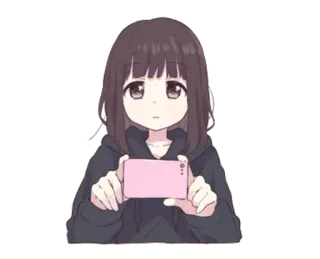 📷 garota anime, cabelo castanho, desenho animado, telefone rosa, kawaii, fofo telegram sticker