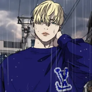 ⚜ anime, pelo rubio, suéter azul, clima lluvioso, masculino, personaje de dibujos animados whatsapp sticker