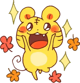 😃 słodki, kreskówka, zwierzę, żółty, jesień, liście, iskierki, kawaii, tygrys telegram sticker