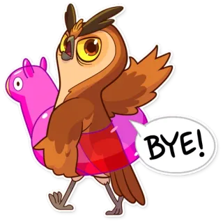 🤚 BYE! burung hantu, kartun, sampai jumpa, burung, hewan, merah muda, ban pelampung, pantai telegram sticker
