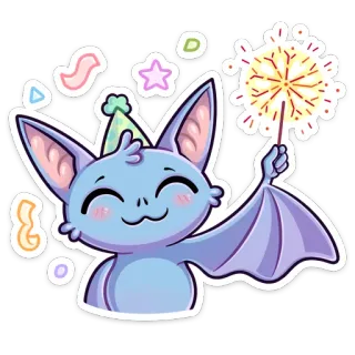 🥳 chauve-souris, animal, dessin animé, bâtonnet d'étincelles, chapeau de fête, fête, mignon telegram sticker