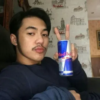 🚬 Red Bull man, red bull, energy drink, can, drink, peace sign, indoors, beverage telegram sticker