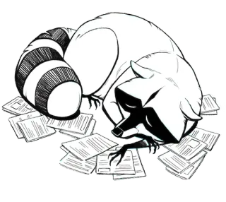 😔 raccoon, sleeping, papers, cartoon, animal, black and white telegram sticker