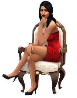 😔 woman, sitting, red dress, sims, chair, pose, female telegram sticker