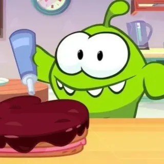 🍮 Om Nom Cut the Rope dessin animé, monstre vert, gâteau, dessert, mignon, sucré whatsapp sticker
