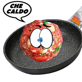 🥵 CHE CALDO almôndega, comida, desenho animado, cozinhar, frigideira, comida italiana telegram sticker
