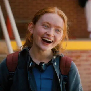 😃 Max Mayfield Stranger Things Sadie Sink, portrait, teen, smiling, backpack, headphones telegram sticker