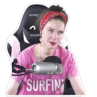 🙄 SURFING женщина, микрофон, ободок, розовый, стул, человек telegram sticker