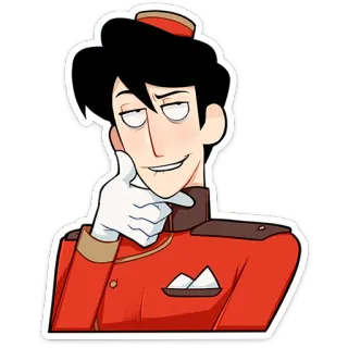 🤔 Hotelpage, Hotel, Concierge, rote Uniform, Grinsen, Cartoon, Animation telegram sticker