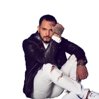 😐 homme, veste en cuir, pantalon blanc, assis, tatouage, montre whatsapp sticker