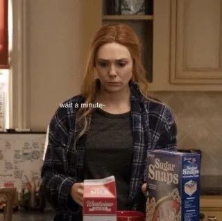 🧋 wait a minute- woman, wait a minute, milk, cereal, kitchen, tv show telegram sticker