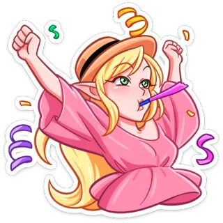 ⏺ elfo, fiesta, confeti, celebración, mujer, dibujos animados, rubia, sombrero telegram sticker