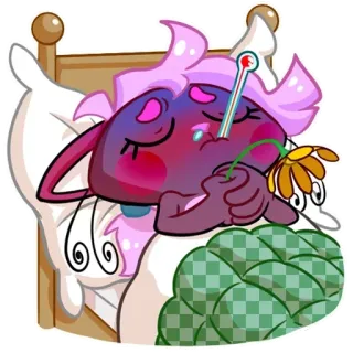 🤒 больной, термометр, кровать, цветок, мультфильм, болезнь whatsapp sticker