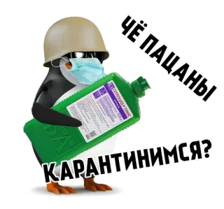 🦠 ЧЁ ПАЦАНЫ КАРАНТИНИМСЯ? пингвин, военный, шлем, карантин, вирус, бутылка telegram sticker