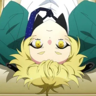 👅 Anime, Cartoon, Charakter, Liegend, Gelbe Augen, Blonde Haare, Katzenohren, Auf dem Kopf, Überkopf telegram sticker