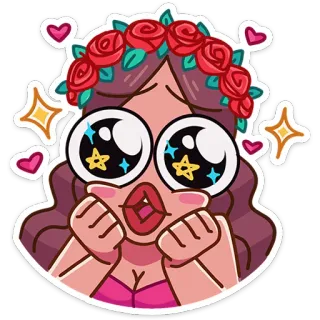 🥺 девушка, венок из роз, любовь, сердечки, мультфильм, большие глаза, блестки, милый whatsapp sticker