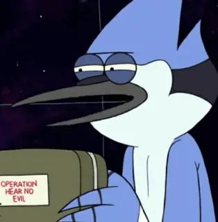 👾 Mordecai Regular Show OPERATION HEAR NO EVIL Mordecai, Regular Show, cartoon, funny, bird, operation whatsapp sticker