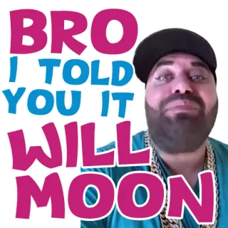 🌛 BRO
I TOLD
YOU IT
WILL
MOON мем, смешно, братан, я же говорил, луна, золотая цепь, мужчина, стикер whatsapp sticker