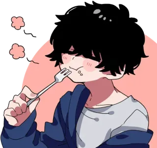 ☺️ eating, anime, cartoon, fork, cute, kawaii whatsapp sticker