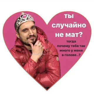 🌟 ты
случайно
не мат?
тогда
почему тебя так
много у меня
в голове..? รัสเซีย, หัวใจ, ความรัก, มงกุฎ, ผู้ชาย telegram sticker