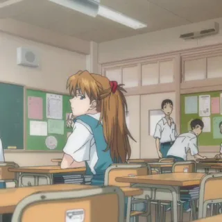 🍣 Asuka Langley Soryu Neon Genesis Evangelion anime, classroom, school uniform, teenager, Asuka, Evangelion, anime girl telegram sticker