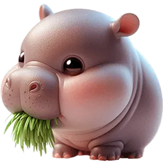 😋 ippopotamo, carino, animale, erba, cartone animato, kawaii, adesivo whatsapp sticker