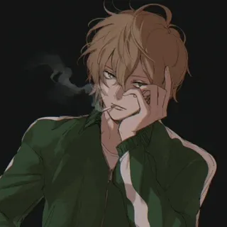 🚬 курение, сигарета, аниме, мультфильм, персонаж, блондин, зеленый спортивный костюм telegram sticker