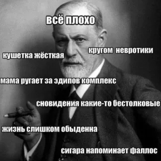 😭 всё плохо
кругом невротики
кушетка жёсткая
мама ругает за эдипов комплекс
сновидения какие-то бестолковые
жизнь слишком обыденна
сигара напоминает фаллос whatsapp sticker