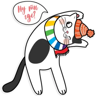 🙃 Ну ты где? cat, rainbow, sticker, cartoon, cute, animal, hat, scarf telegram sticker