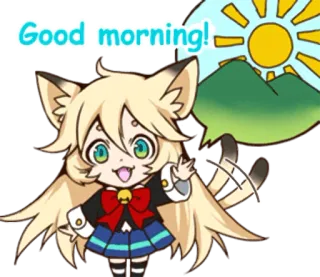 ☀ Good morning! anime, gatto, buongiorno, sole, saluto, cartone animato telegram sticker