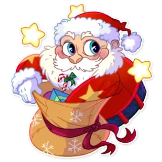 🎅 Santa Claus Santa Claus, Navidad, Fiesta, Regalos, Bastón de caramelo, Bolsa, Copos de nieve, Estrellas telegram sticker
