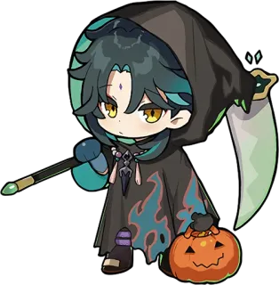 💀 Xiao Genshin Impact anime, game, chibi, halloween, pumpkin whatsapp sticker