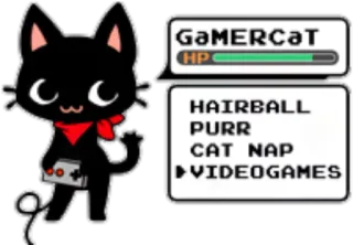 🎮 Gamer Cat GaMERCaT
HP
HAIRBALL
PURR
CAT NAP
VIDEOGAMES gato, gamer, videogames, animal, fofo, animal de estimação telegram sticker