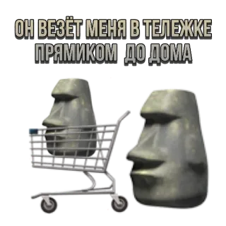 🛒 ОН ВЕЗЁТ МЕНЯ В ТЕЛЕЖКЕ ПРЯМИКОМ ДО ДОМА Moai, Giỏ hàng, Đầu đá, Đảo Phục Sinh, Meme, Hài hước telegram sticker