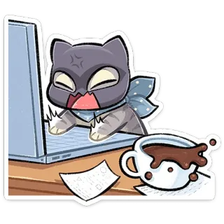 😝 猫, ラップトップ, オフィス, 仕事, 怒り, コンピュータ, コーヒー telegram sticker