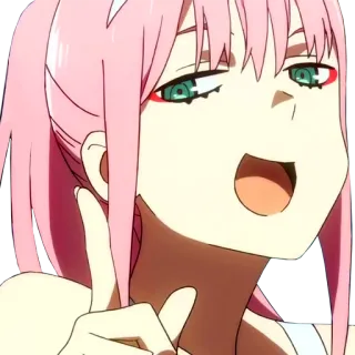 😏 Zero Two Darling in the Franxx anime, pink hair, zero two, peace sign, girl telegram sticker