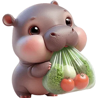 🍏 ippopotamo, cartoni animati, animale, carino, verdure, shopping whatsapp sticker