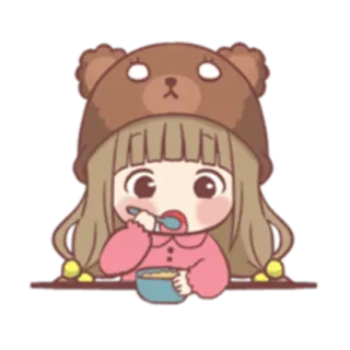 😋 Чиби, Девушка, Ест, Шапка медведя, Каваий, Милый telegram sticker