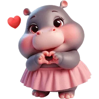 😍 hipopotam, słodki, zwierzę, kreskówka, serce, miłość, różowy, spódnica telegram sticker