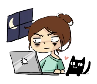 💻 cartone animato, donna, gatto, portatile, notte, stanca, assonnata, illustrazione whatsapp sticker