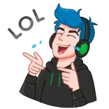 😂 мультик, персонаж, наушники, указывает, синие волосы, счастливый telegram sticker