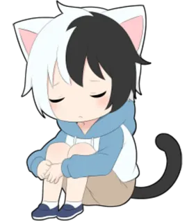 😞 кот, чиби, аниме, каваий, милый, мультфильм, кошачьи уши, сидит telegram sticker