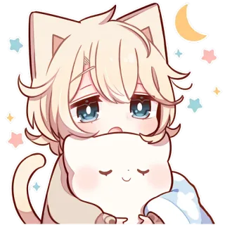 🌙 anime, kawaii, cute, chibi, cat, sleepy, moon, stars telegram sticker
