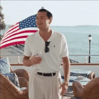 ✋ レオナルド・ディカプリオ, アメリカ国旗, ヨット, パーティー, 俳優, 映画のシーン whatsapp sticker