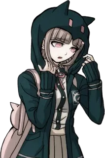 😳 Chiaki Nanami Danganronpa anime, video game, character, female, pink eyes, backpack, hoodie telegram sticker