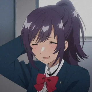 😅 anime girl, school uniform, purple hair, cute, cartoon, smiling telegram sticker