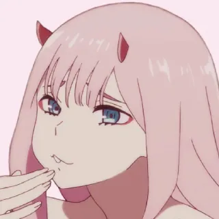 😄 Zero Two Darling in the Franxx 애니메이션, 제로투, 달링 인 더 프랑키스, 만화, 분홍색 머리, 뿔 telegram sticker