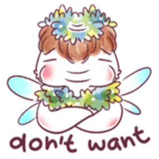 ☹ don't want fofo, desenho animado, personagem, coroa de flores, asas, triste telegram sticker