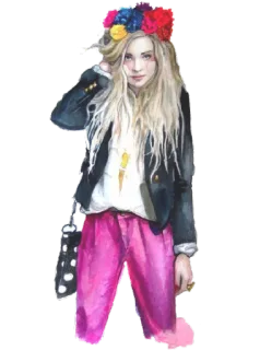 😊 femme, couronne de fleurs, pantalon rose, portrait, mode, style telegram sticker
