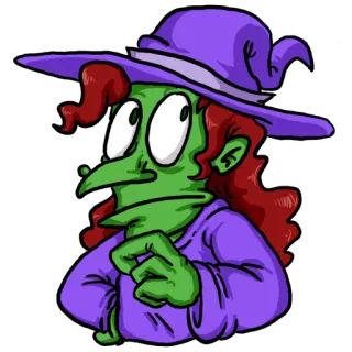 😕 bruja, halloween, magia, fantasía, dibujos animados, personaje, morado, verde telegram sticker